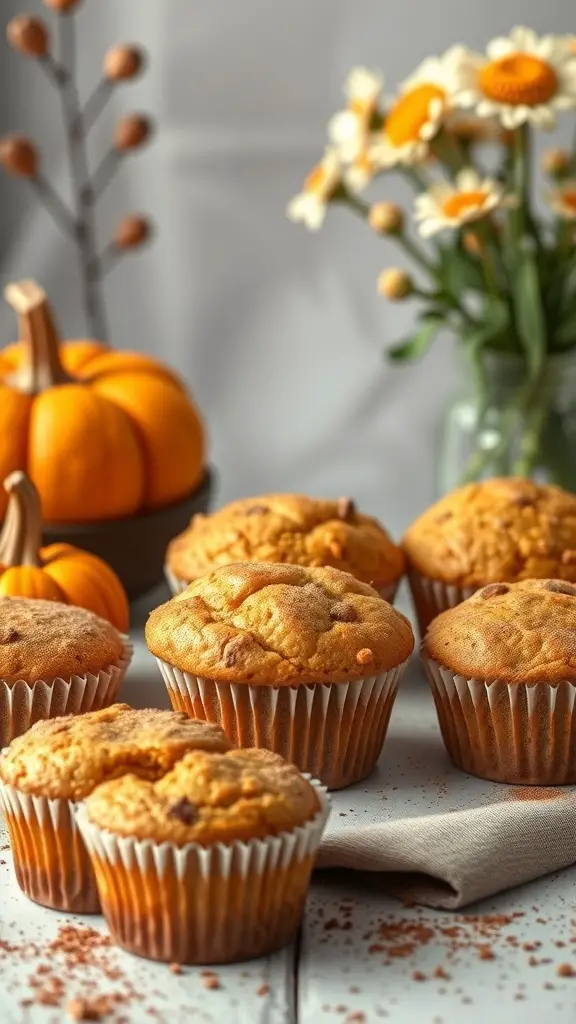 Freshly baked pumpkin spice muffins with small pumpkins and flowers in the background.