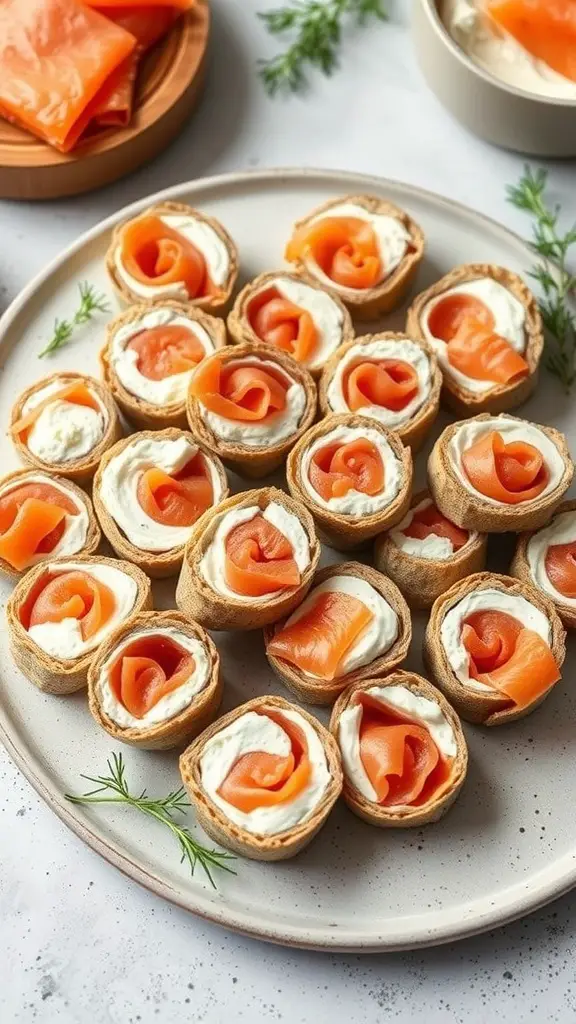 A plate of smoked salmon and cream cheese wraps, beautifully arranged with fresh herbs.