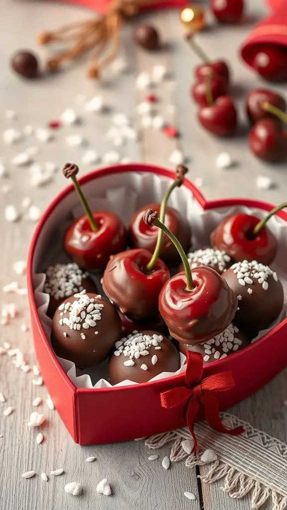 A heart-shaped box filled with chocolate-covered cherry truffles, some with sprinkles and fresh cherries on top.