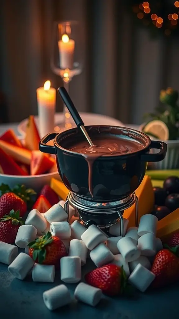 A chocolate fondue pot surrounded by fresh fruits, marshmallows, and a candlelit setting.