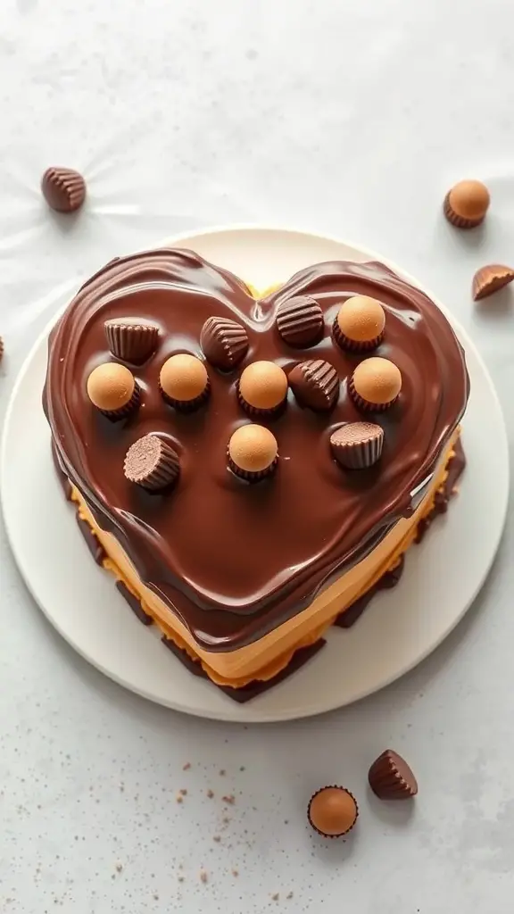 Heart-shaped cake topped with chocolate ganache and peanut butter cups