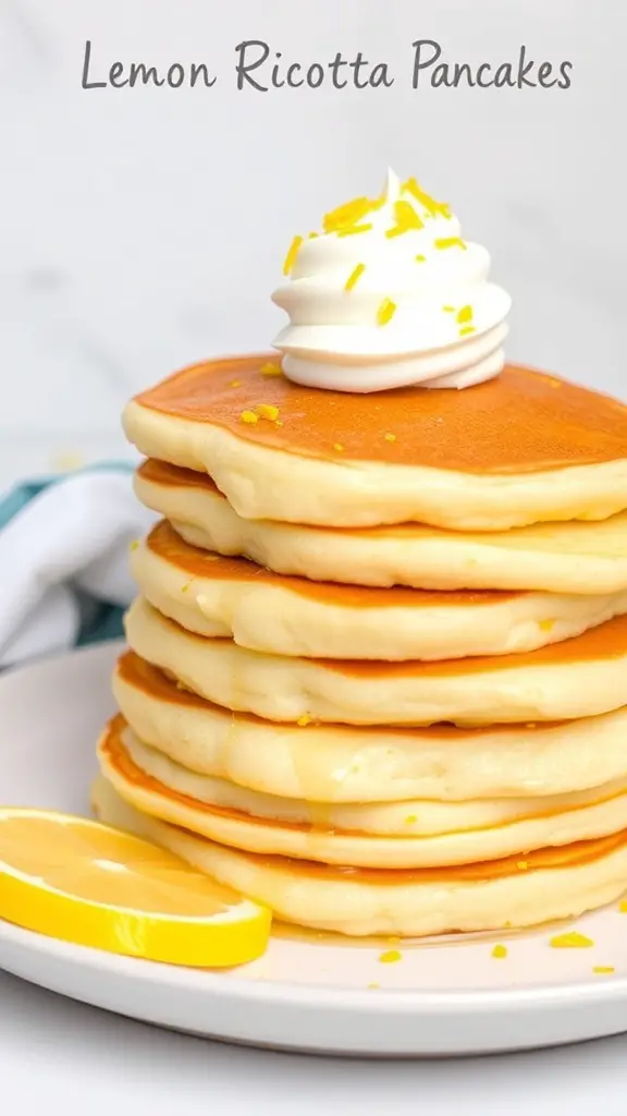 Stack of lemon ricotta pancakes topped with whipped cream and lemon zest