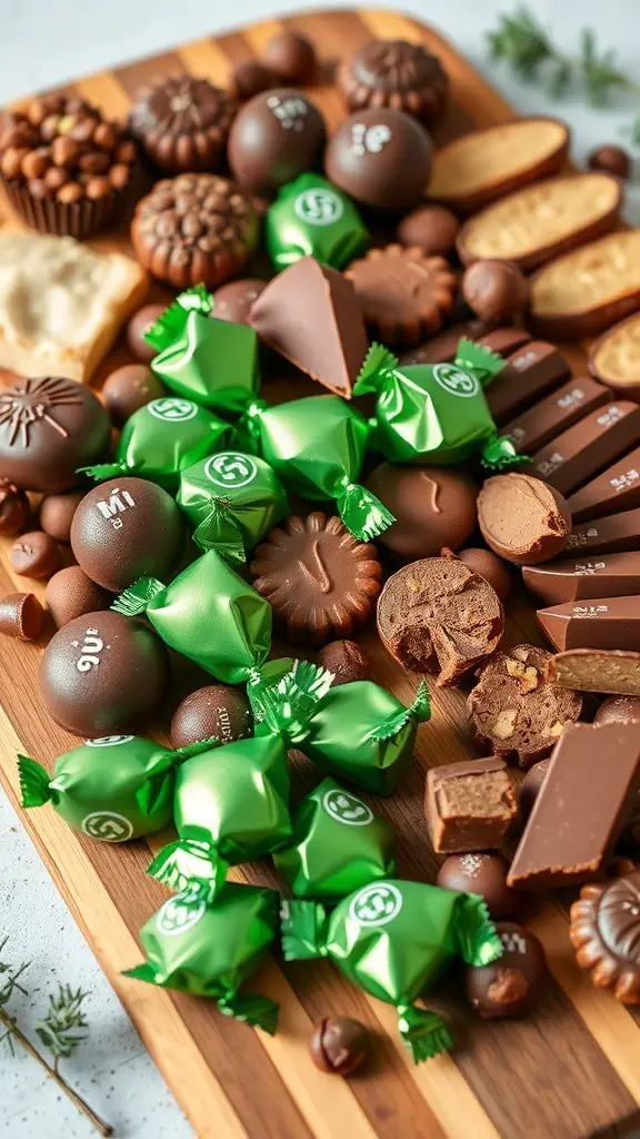 A variety of chocolate treats on a wooden board, featuring chocolates wrapped in green, perfect for St. Patrick's Day.