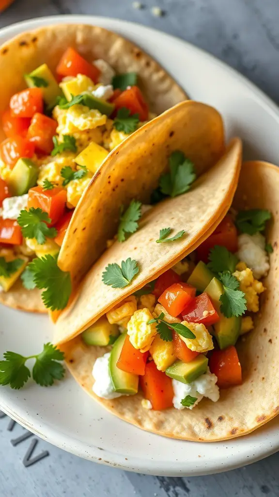 Breakfast tacos filled with scrambled eggs, avocado, and colorful vegetables