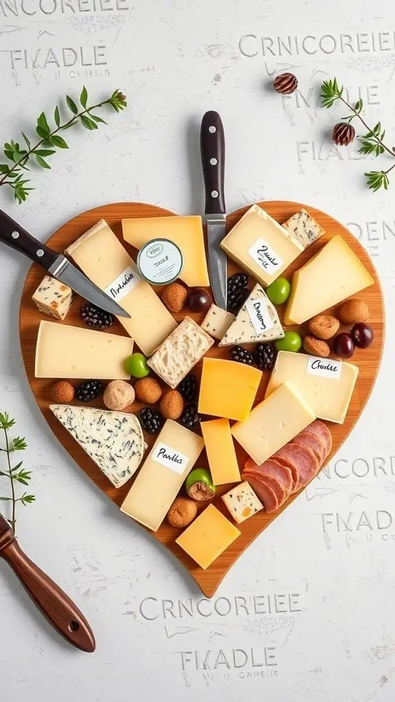 Heart-shaped charcuterie board with various artisan cheeses, nuts, fruits, and meats.