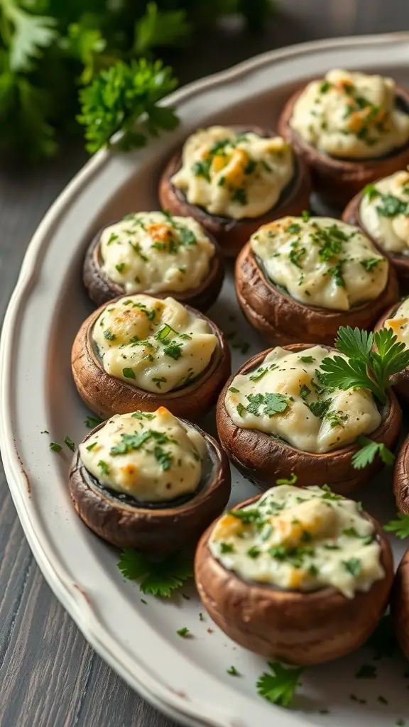 A platter of savory stuffed mushrooms topped with herbs.