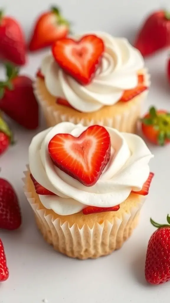Heart-shaped strawberry shortcake cupcakes with fresh strawberries on top