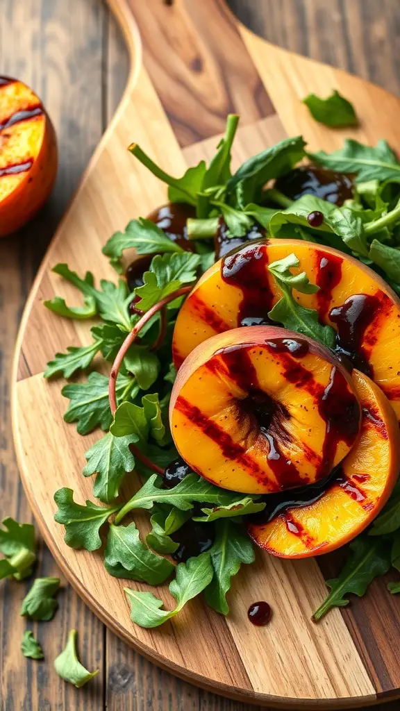 Grilled Peach and Arugula Salad with balsamic reduction on a wooden serving board