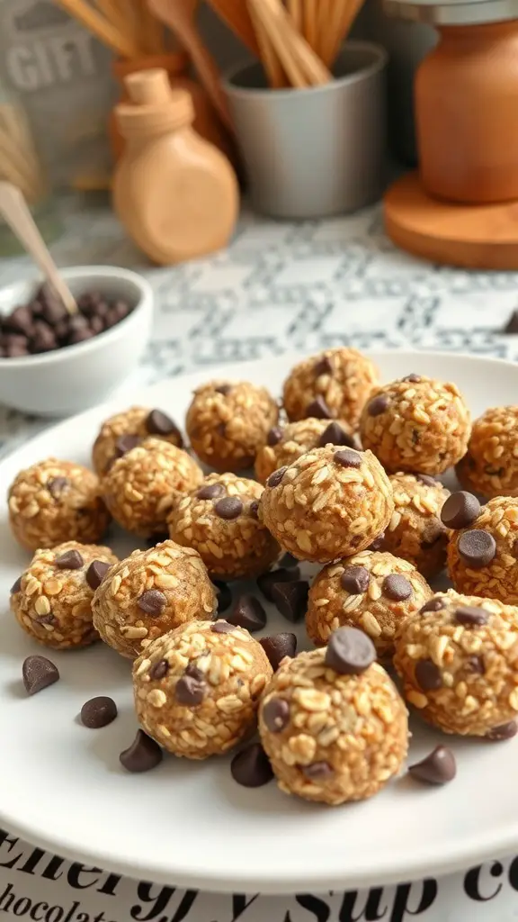 A plate of nut-free energy bites made with oats and chocolate chips.
