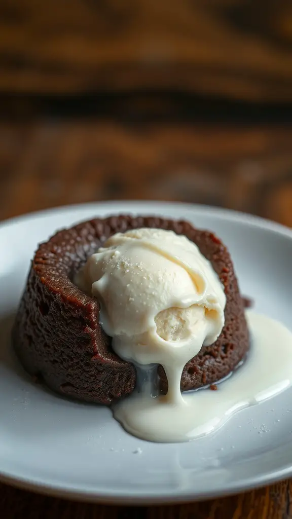 A warm chocolate lava cake topped with melting vanilla ice cream.