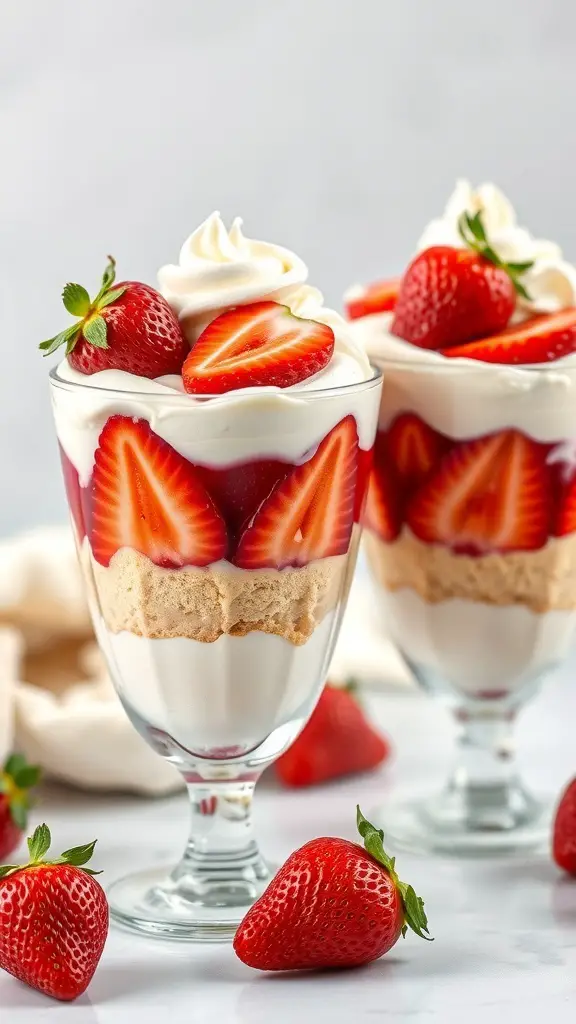 Delicious strawberry shortcake parfaits with layers of strawberries, whipped cream, and cake.