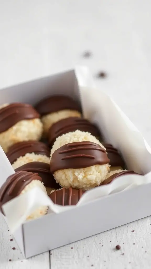 A box of coconut macaroons dipped in chocolate