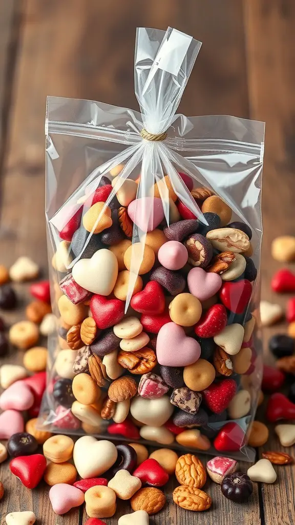 A clear bag filled with colorful Valentine's Day themed trail mix, including heart-shaped candies and nuts.