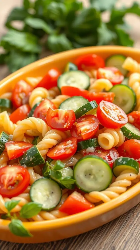 A colorful bowl of cucumber and tomato pasta salad with fresh herbs.