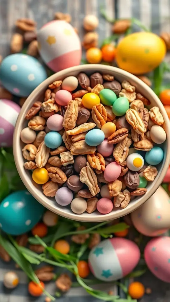 A bowl of colorful Easter Trail Mix with nuts and candies surrounded by decorated eggs