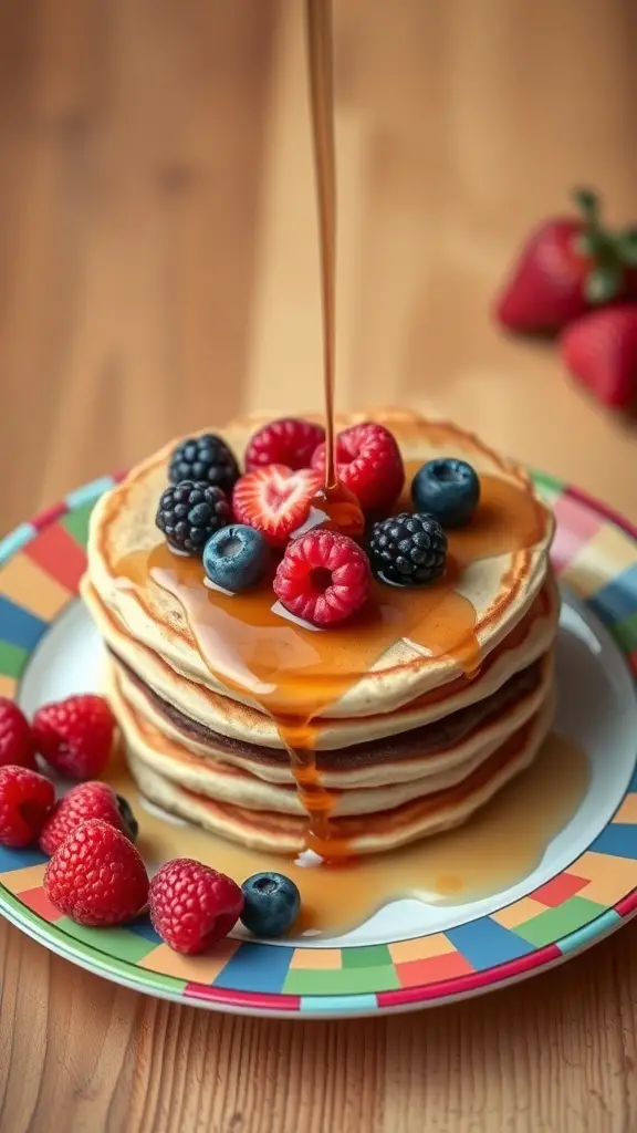 Heart-shaped pancakes topped with fresh berries and syrup on a colorful plate.