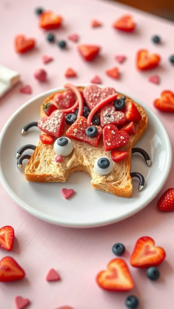 A slice of toast decorated to look like a love bug with fruits and edible eyes.