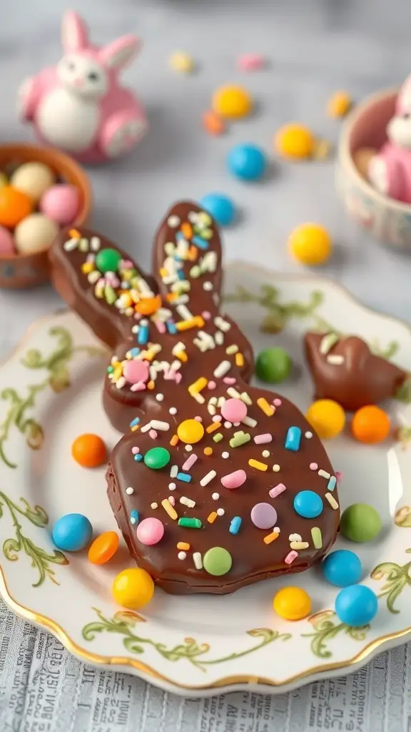 Colorful chocolate bunny bark with sprinkles and candy