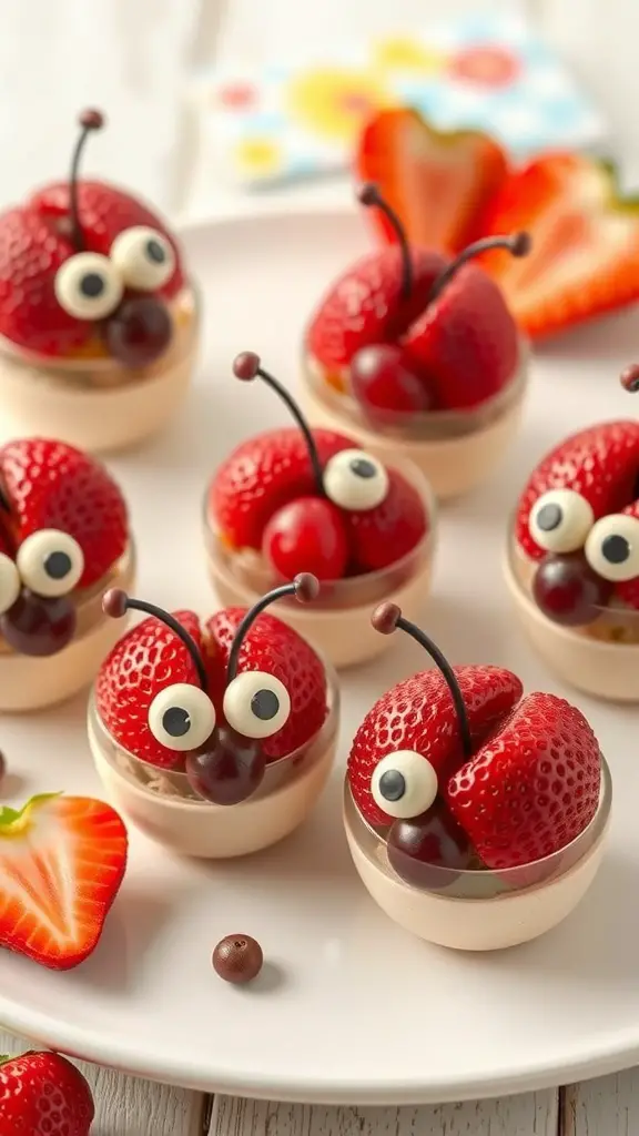Colorful Love Bug Fruit Cups made with strawberries and chocolate, arranged on a plate.