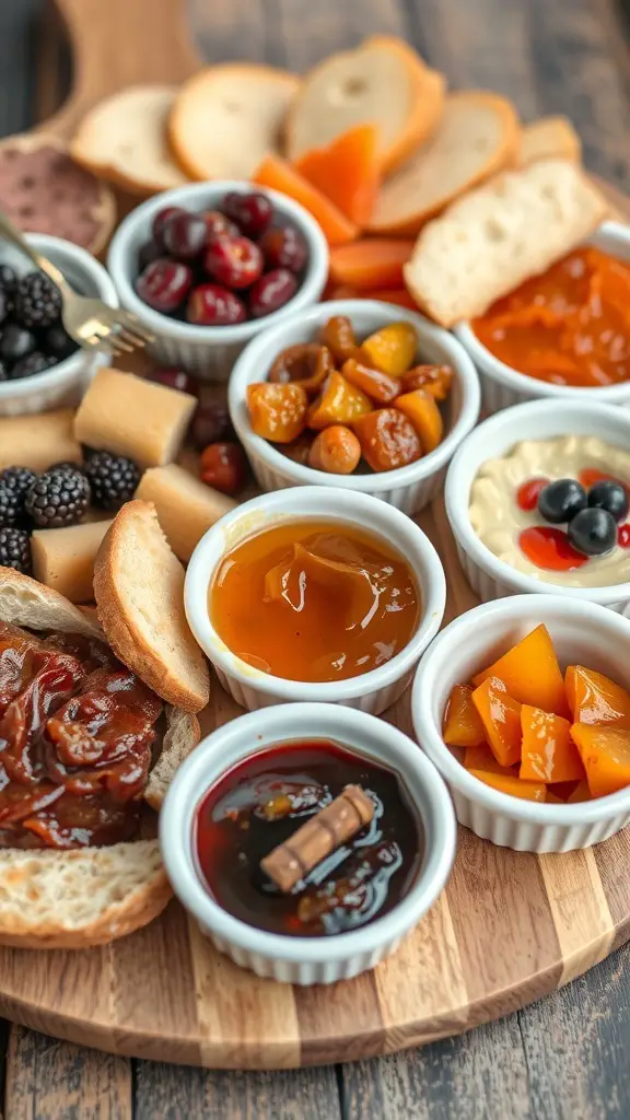 A beautifully arranged grazing board featuring various gourmet spreads and jams in small bowls, alongside slices of bread and fresh fruits.