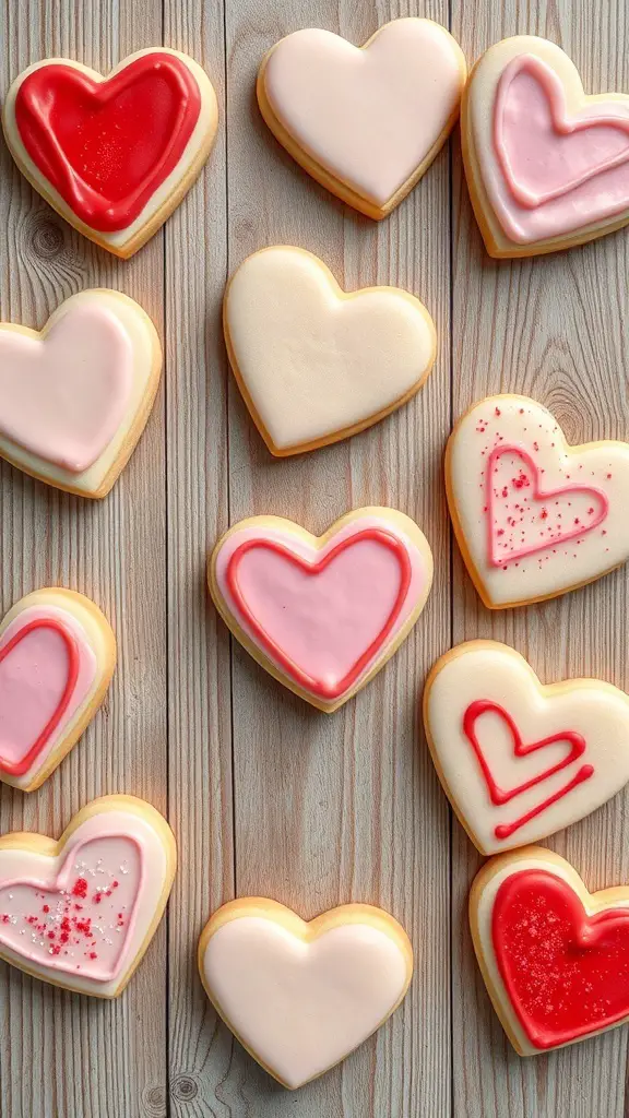 A variety of heart-shaped sugar cookies decorated with pink and red icing on a wooden surface.