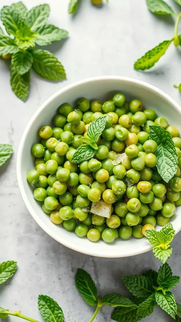 A bowl of fresh green peas garnished with mint leaves
