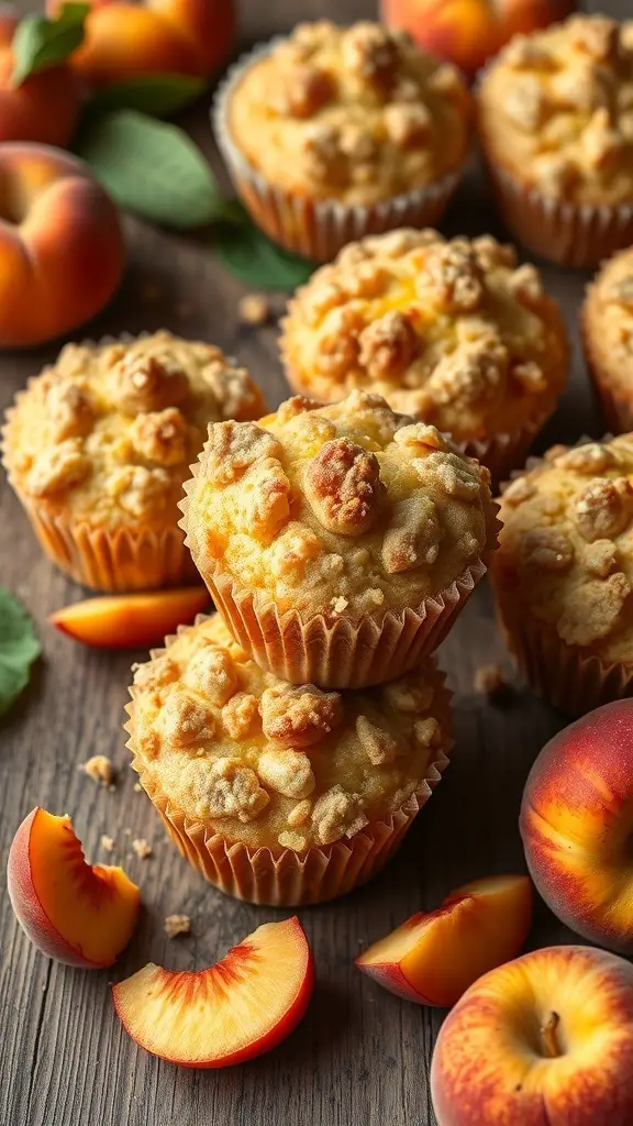 Delicious peach cobbler muffins with fresh peaches on a wooden table
