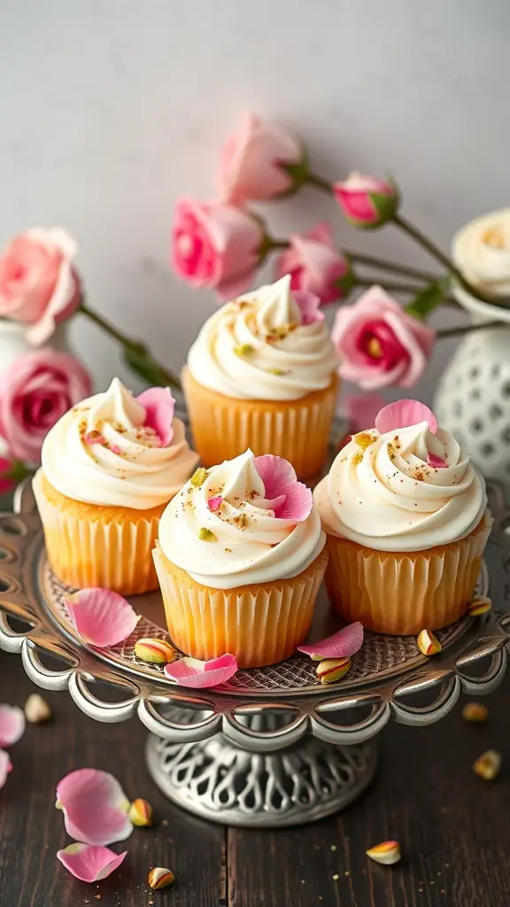 Pistachio rose water cupcakes decorated with rose petals and pistachios on a decorative stand
