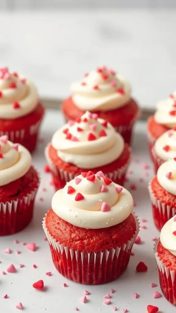 Mini red velvet cupcakes topped with cream cheese frosting and heart-shaped sprinkles