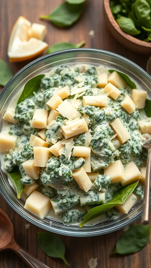 A bowl of Spinach and Artichoke Salad with cheese and a creamy dressing.