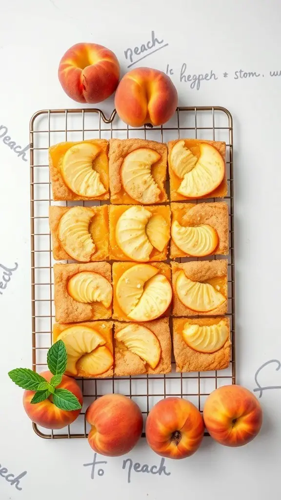 Peach cobbler bars on a cooling rack with fresh peaches