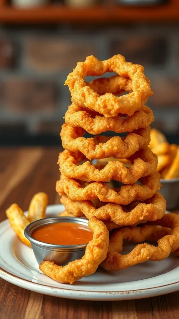 A stack of crispy beer-battered onion rings with a bowl of dipping sauce.