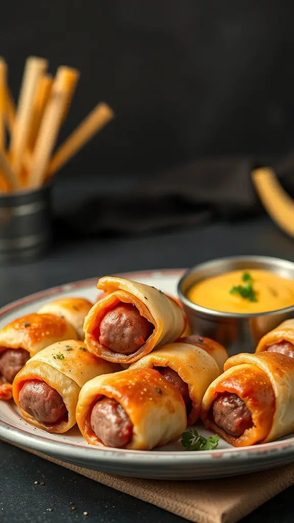 A plate of pigs in a blanket served with a mustard dip.