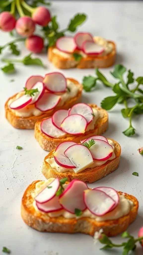 Radish and butter toasts with fresh herbs on a white background