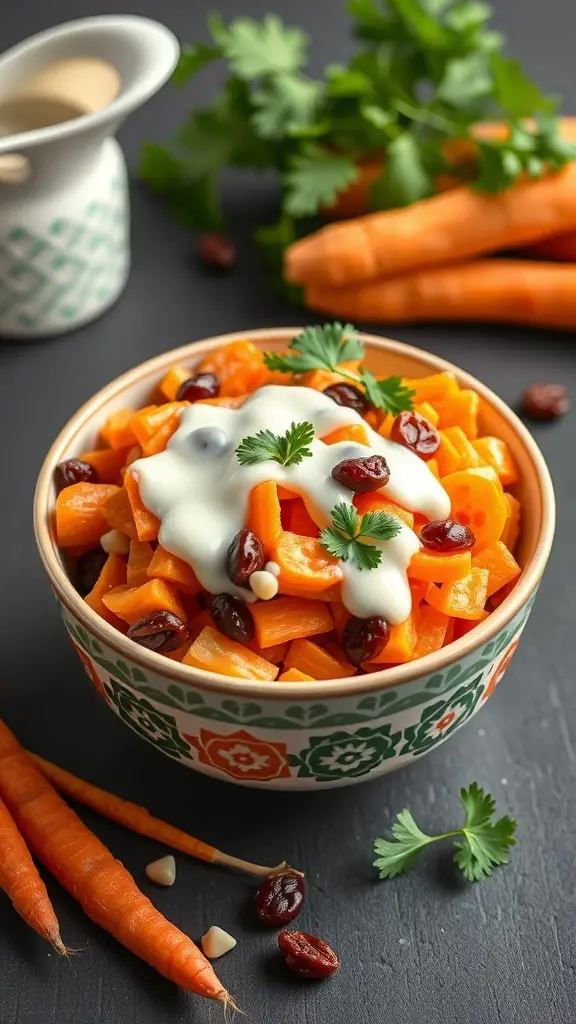 A bowl of carrot and raisin salad topped with creamy dressing and garnished with fresh herbs, surrounded by whole carrots.