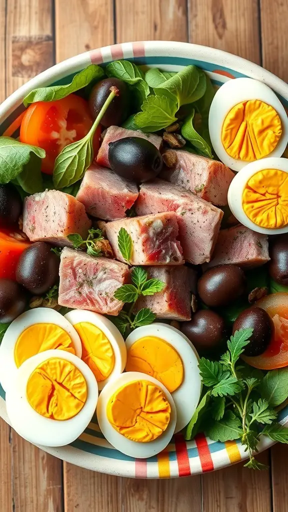 A colorful bowl of Salade Niçoise featuring fresh tuna, hard-boiled eggs, olives, tomatoes, and greens.