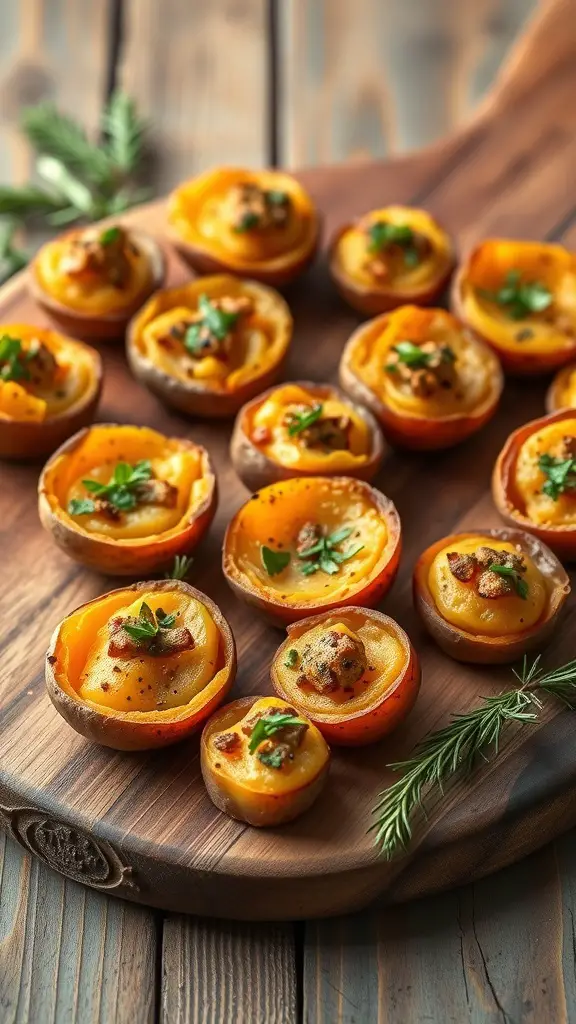 A wooden platter filled with sweet potato bites topped with herbs.