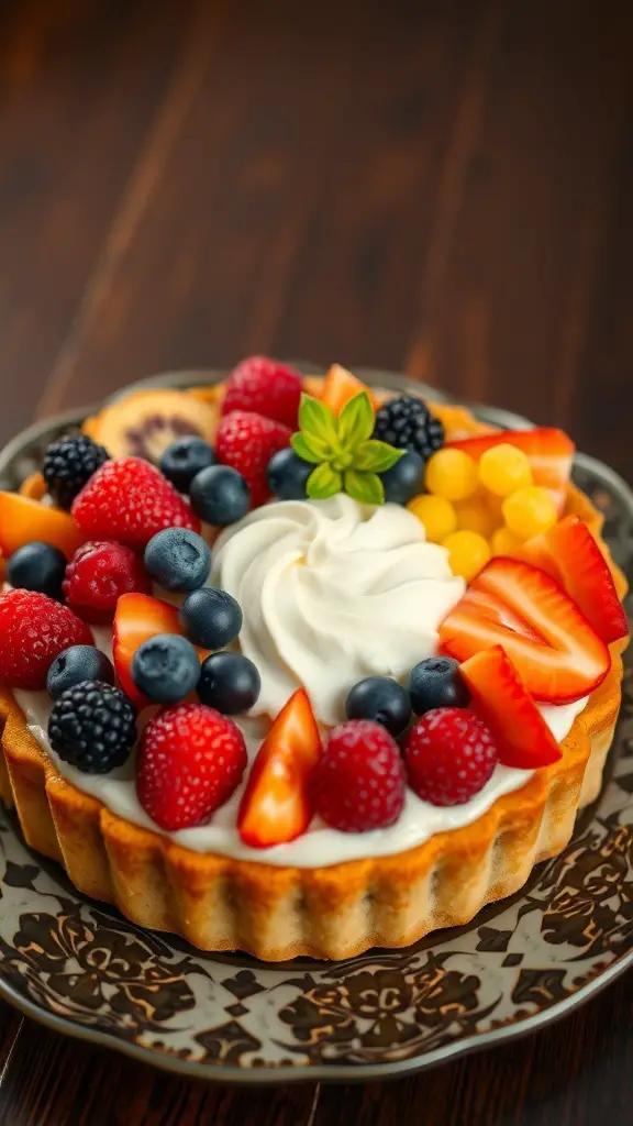 A beautifully arranged fruit tart topped with various fresh fruits and a swirl of vanilla cream.