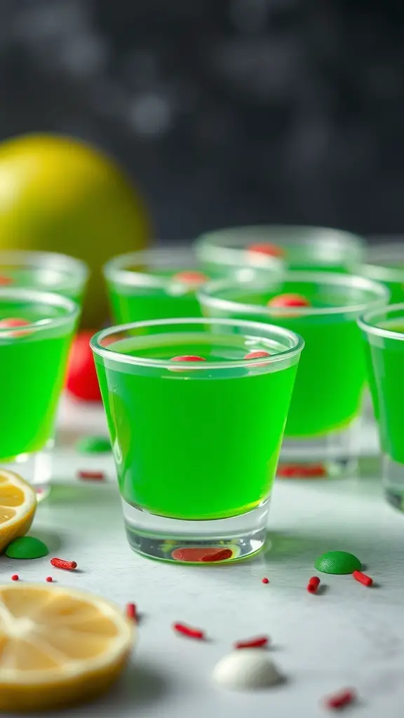 Bright green lime Jello shots in clear cups, garnished with colorful candies, with lemon slices and a lime in the background.
