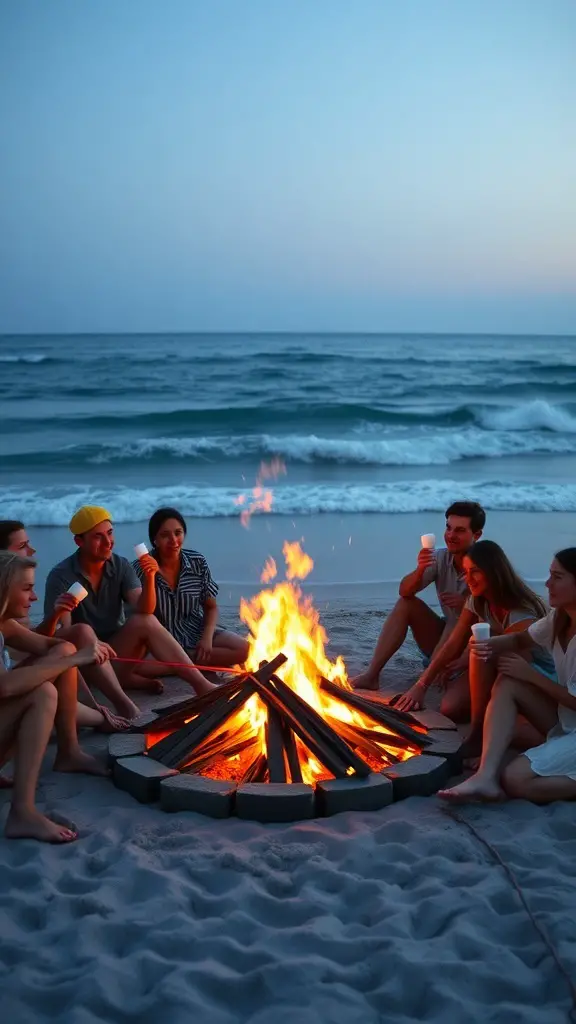Group of friends enjoying a bonfire on the beach at sunset