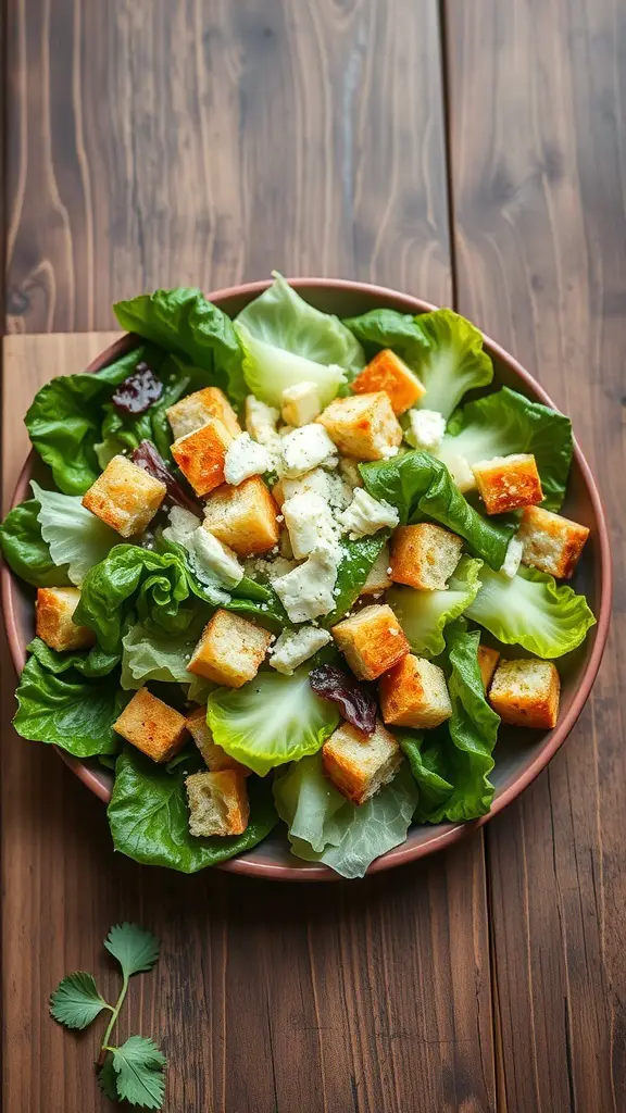 A bowl of Classic Caesar Salad with romaine lettuce, homemade croutons, and parmesan cheese.