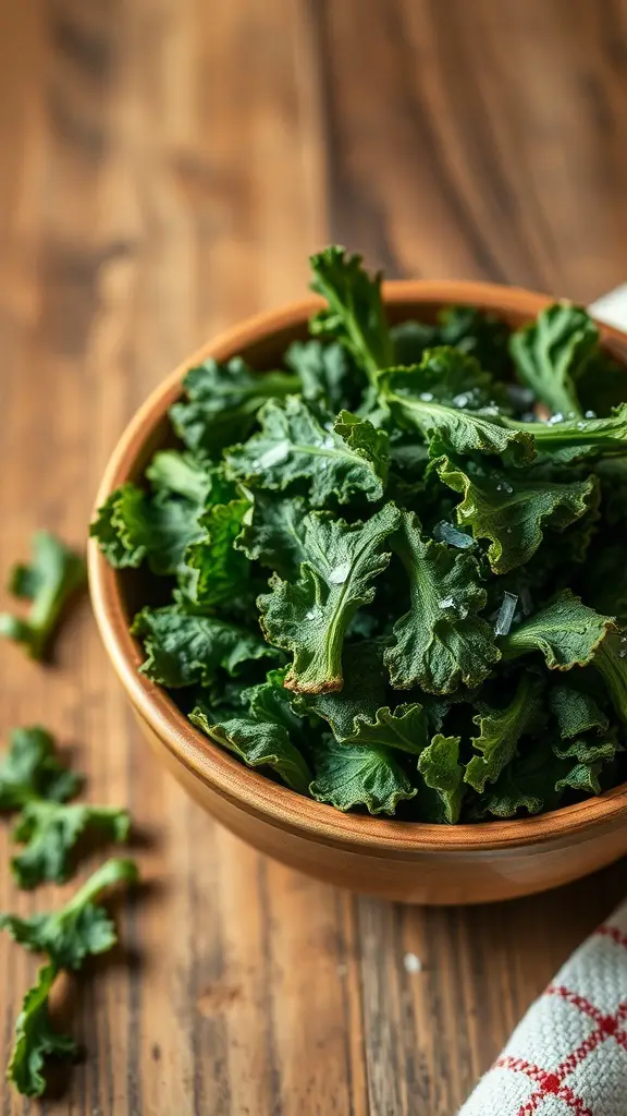 A bowl of crispy kale chips on a wooden table