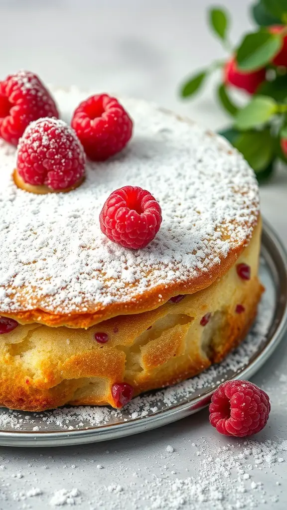 A Raspberry Almond Cake topped with fresh raspberries and powdered sugar.