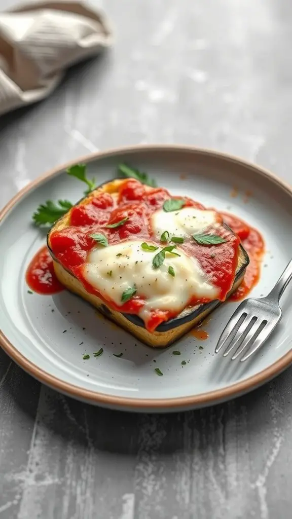 A serving of baked eggplant parmesan topped with marinara sauce and fresh herbs on a plate.