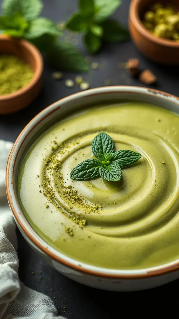 A bowl of matcha green tea pudding topped with mint leaves, surrounded by matcha powder and mint sprigs.