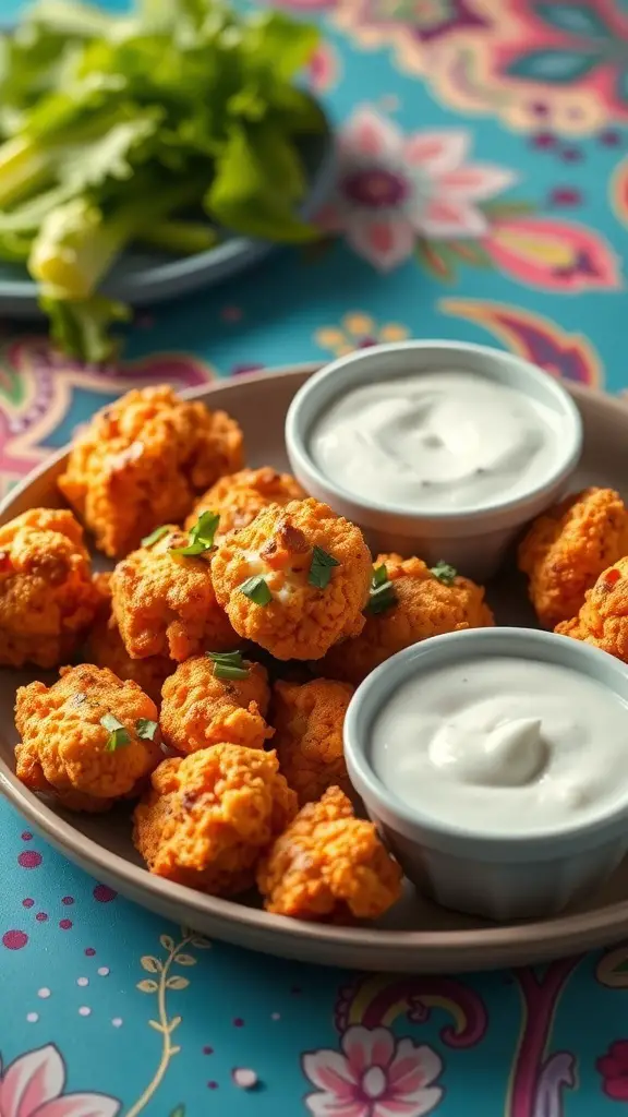 A plate of crispy buffalo cauliflower bites with dipping sauces and celery sticks