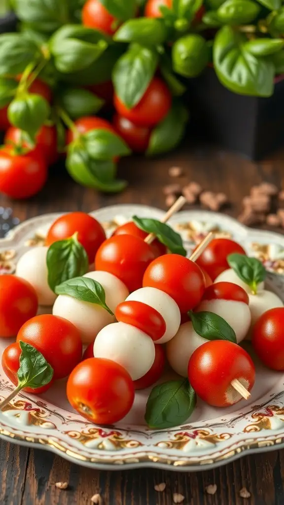 A plate of mini Caprese skewers with cherry tomatoes, mozzarella, and basil