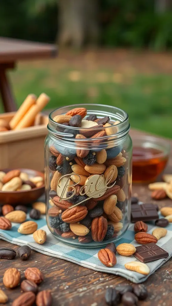 A jar filled with a colorful mix of nuts, seeds, and chocolate, surrounded by more nuts and a wooden bowl.