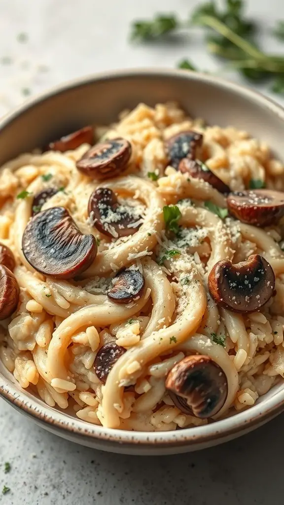 A bowl of creamy risotto with mushrooms and Parmesan cheese, garnished with parsley.