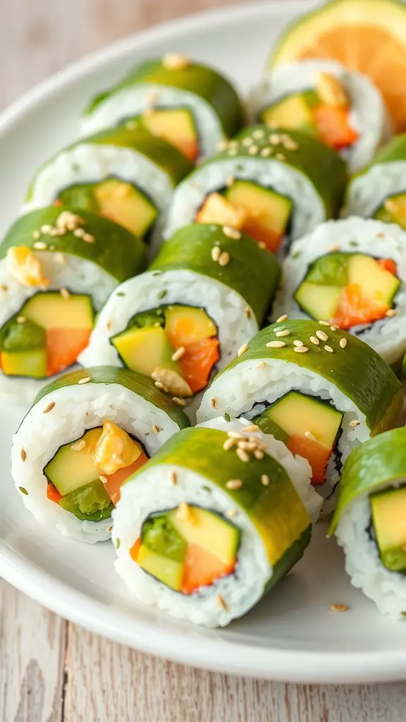 A plate of avocado and cucumber sushi rolls garnished with sesame seeds and a slice of orange.